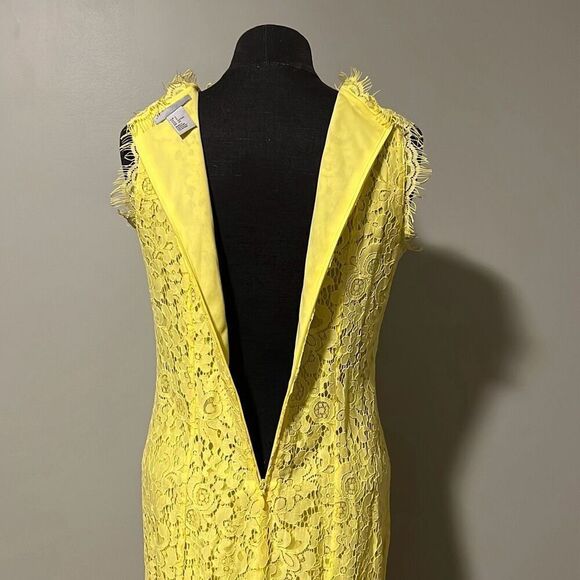 H&M Women's Yellow Sleeveless Zip V-Neck Lace Floral Sheath Dress Small - Picture 7 of 8